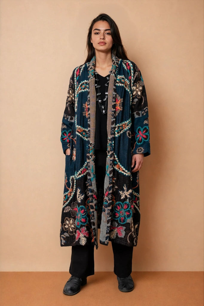 Embroidered Wool Duster - Aria - BaBa Imports - The Wardrobe