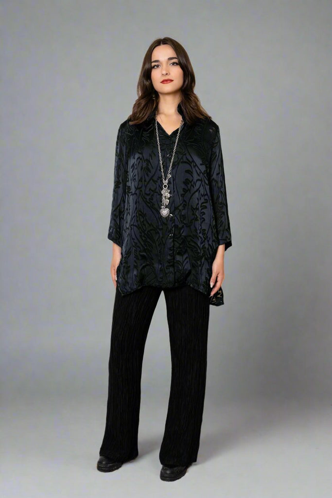 Leaf Print Silk Shirt - Black - Grizas - The Wardrobe