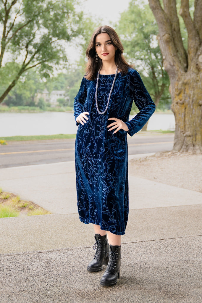 Leaf Print Velvet Dress - Azure - Grizas - The Wardrobe