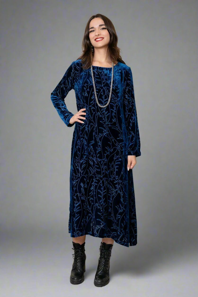 Leaf Print Velvet Dress - Azure - Grizas - The Wardrobe