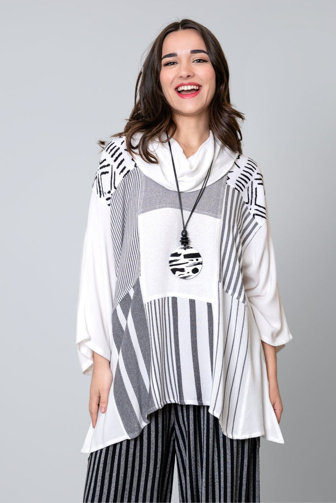 Mixed Print Cowl Top - White - Dairi - The Wardrobe