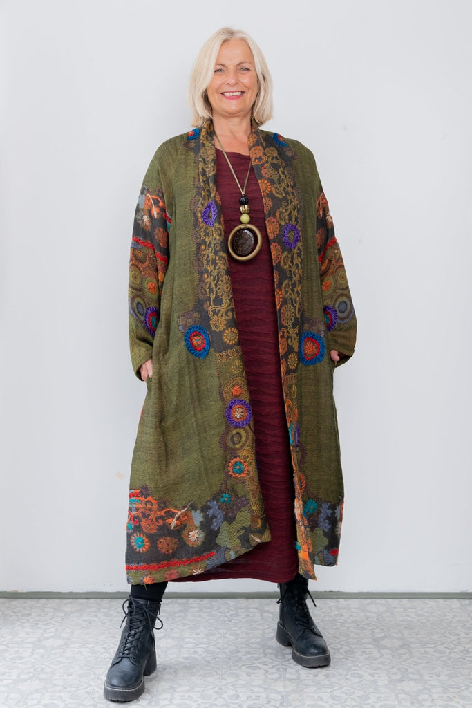 Embroidered Wool Duster - Olivea - BaBa Imports - The Wardrobe