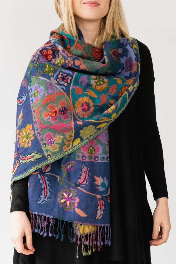 Embroidered Wool Shawl - Flora - BaBa Imports - The Wardrobe