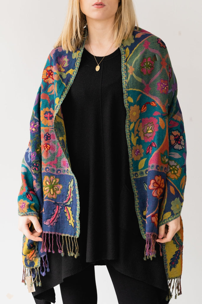 Embroidered Wool Shawl - Flora - BaBa Imports - The Wardrobe