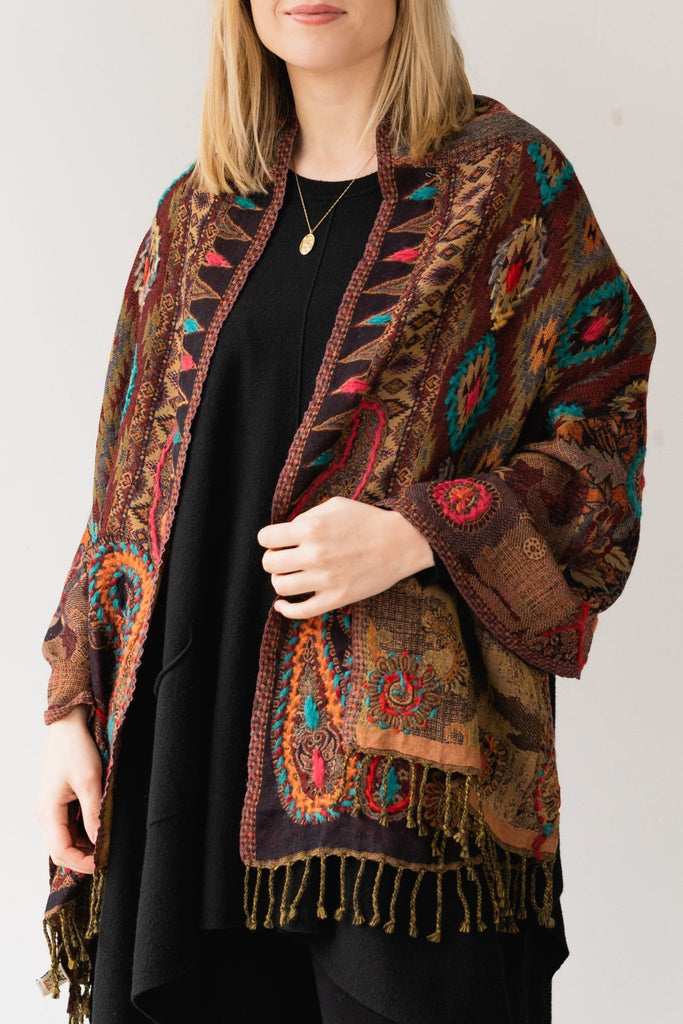 Embroidered Wool Shawl - Quinn - BaBa Imports - The Wardrobe