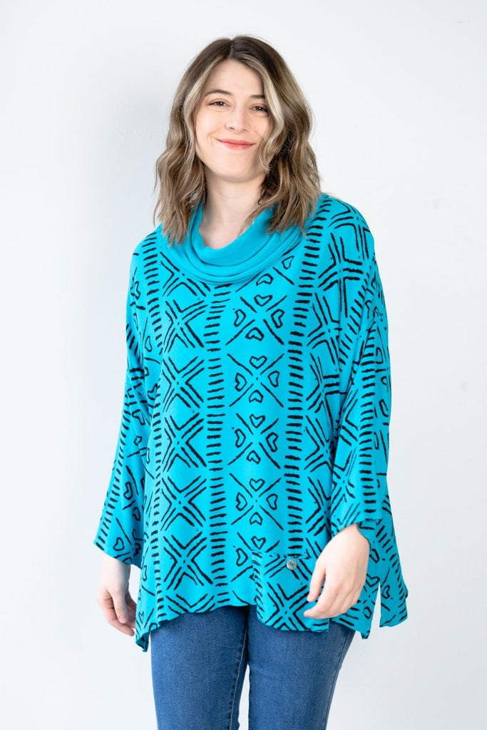Printed Cowl Neck Top - Turquoise - Dairi - The Wardrobe