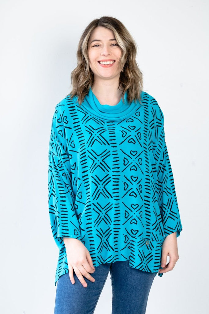 Printed Cowl Neck Top - Turquoise - Dairi - The Wardrobe